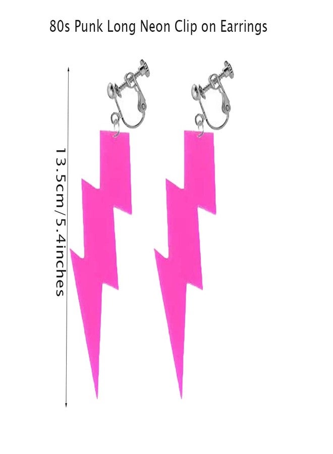 Modpide 80S Neon Earrings Exaggerate Punk Lightning Bolt Clip on Earrings Halloween 1980s Party Non Pierced Clip Earrings for Women (rose red) - Image 5